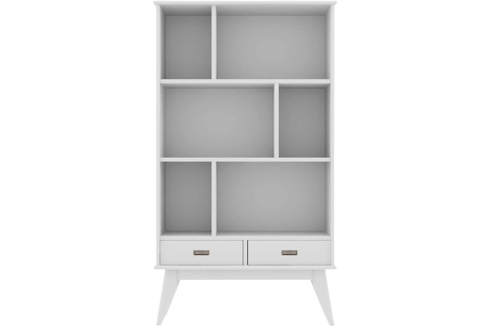 Simpli Home - Draper Mid-Century Modern Solid Hardwood 6-Shelf 2-Drawer Bookcase - White