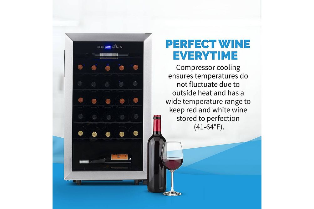 NewAir - Freestanding 33 Bottle Compressor Wine Fridge, Adjustable Racks , Exterior Digital Thermos