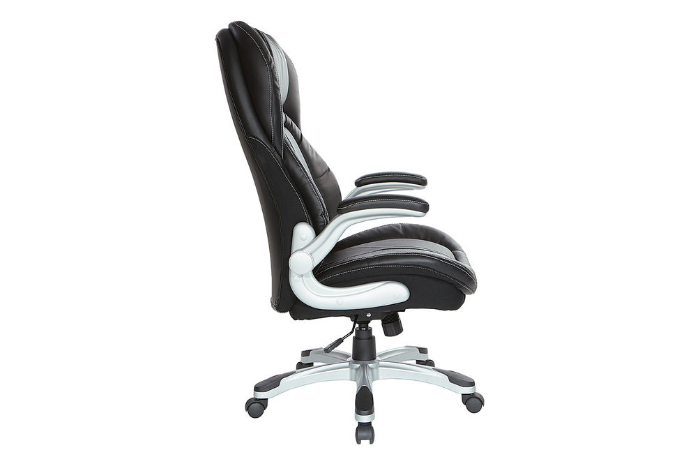 Office Star Products - Bonded Leather Executive Chair with Padded Flip Arms and Silver Base - Black