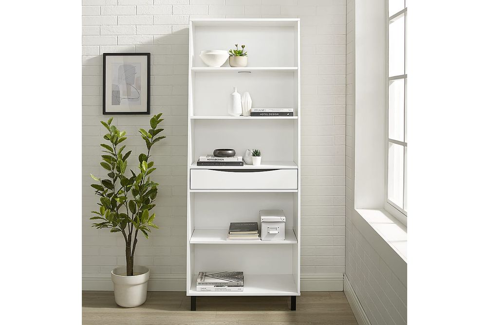 Walker Edison - Modern Drawer 5-Shelf Tall Bookcase - Solid White