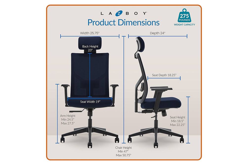 La-Z-Boy - Ergonomic Executive Mesh Office Chair with Adjustable Headrest and Lumbar Support - Navy