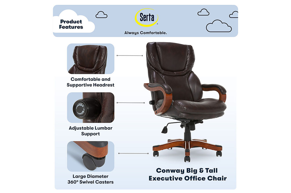 Serta - Conway Big and Tall Bonded Leather Bentwood Executive Chair - Biscuit