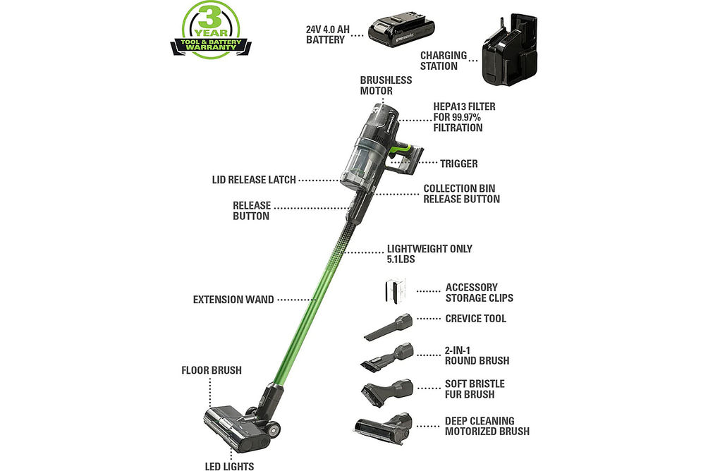 Greenworks - 24 Volt Stick Vacuum with 4ah Battery, Attachments, & Charger - Green