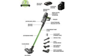 Greenworks - 24 Volt Stick Vacuum with 4ah Battery, Attachments, & Charger - Green