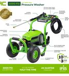 Greenworks - Electric Pressure Washer up to 3000 PSI at 2.0 GPM Combo Kit with short gun, mitts, an