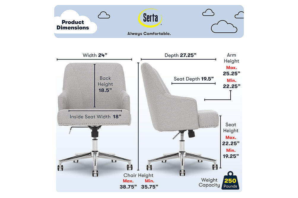 Serta - Leighton Modern Upholstered Home Office Chair with Memory Foam - Cloud Gray - Woven Fabric