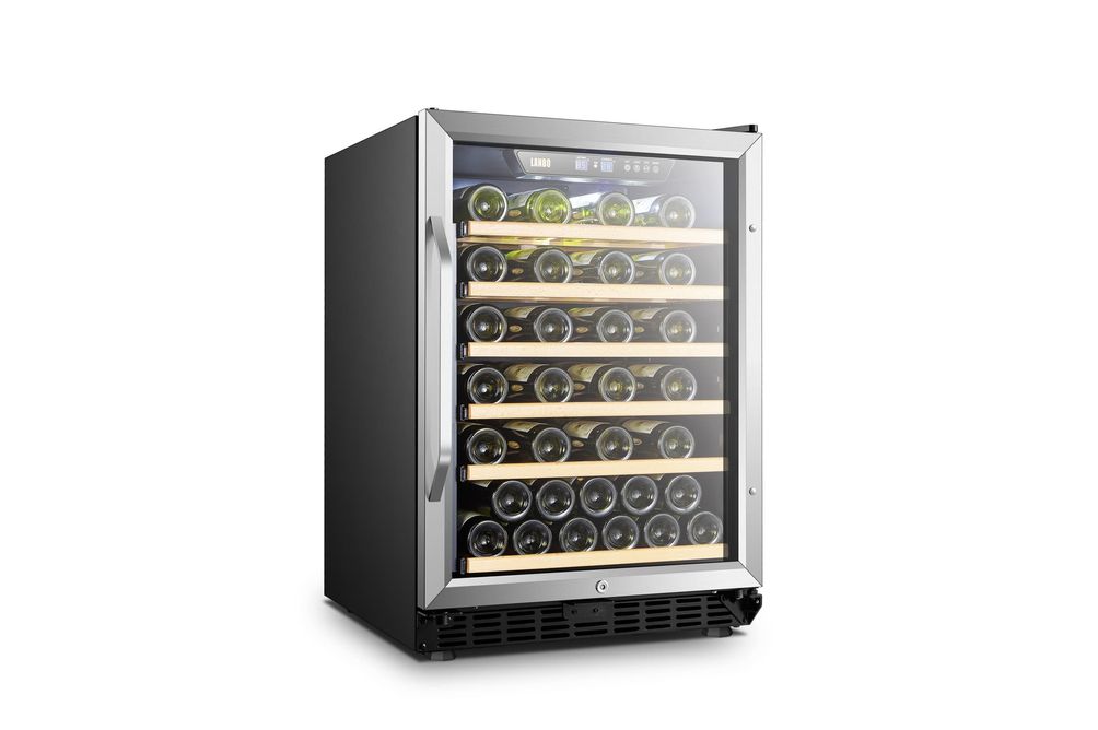 Lanbo - 24 Inch 51 Bottle Stainless Steel Single Zone Wine Fridge with Beech Wood Shelves and Doubl