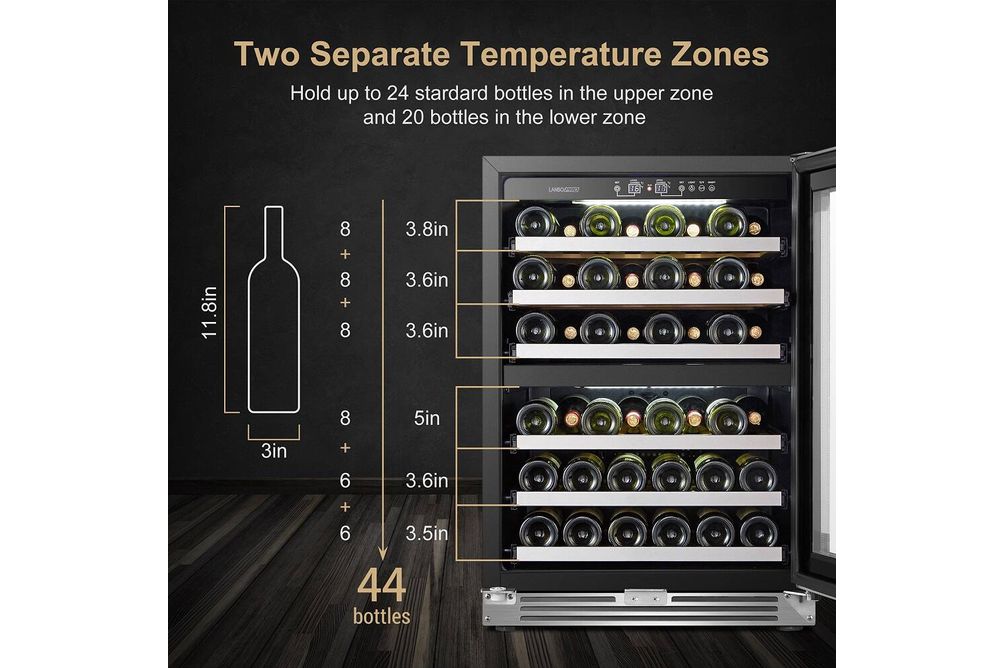 LanboPro - 24 in. 44 Bottle Seamless Stainless Steel Dual Zone Wine Refrigerator with Ultra-Quiet C