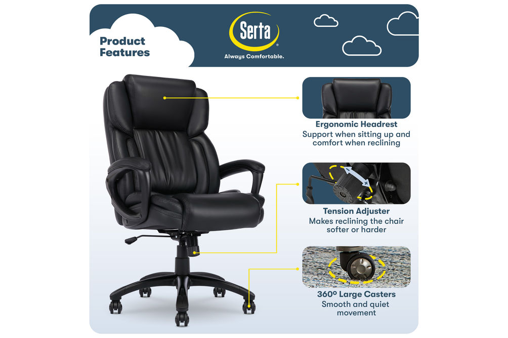 Serta - Garret Bonded Leather Executive Office Chair with Premium Cushioning - Space Black