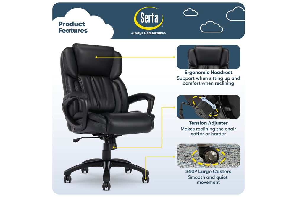 Serta - Garret Bonded Leather Executive Office Chair with Premium Cushioning - Space Black