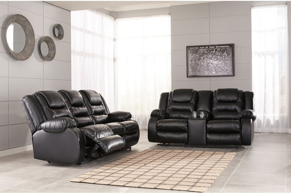 Signature Design by Ashley Vacherie-Black Reclining Sofa and Loveseat- Room View