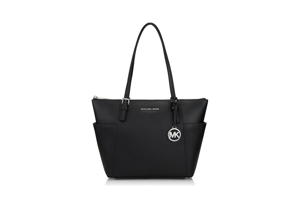 Michael Kors Jet Set Medium Leather Top-Zip Tote Bag - Black