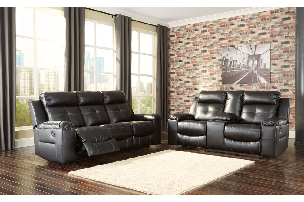 Signature Design by Ashley Kempten-Black Reclining Sofa and Loveseat- Room View