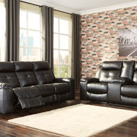 Signature Design by Ashley Kempten-Black Reclining Sofa and Loveseat- Room View