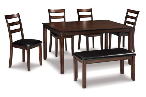 This dining room table set’s wonderfully clean-lined profile is dramatically enriched with a complex, burnished finish loaded with tonal variation and rustically refined character.