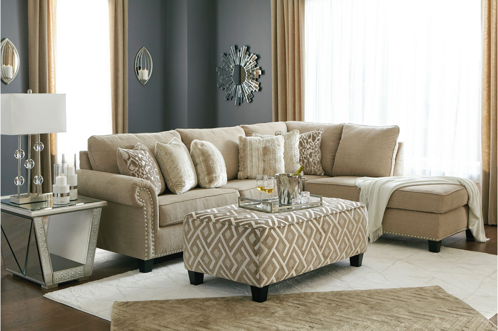 Signature Design by Ashley Dovemont-Putty RAF Sofa Chaise with Ottoman - Room View