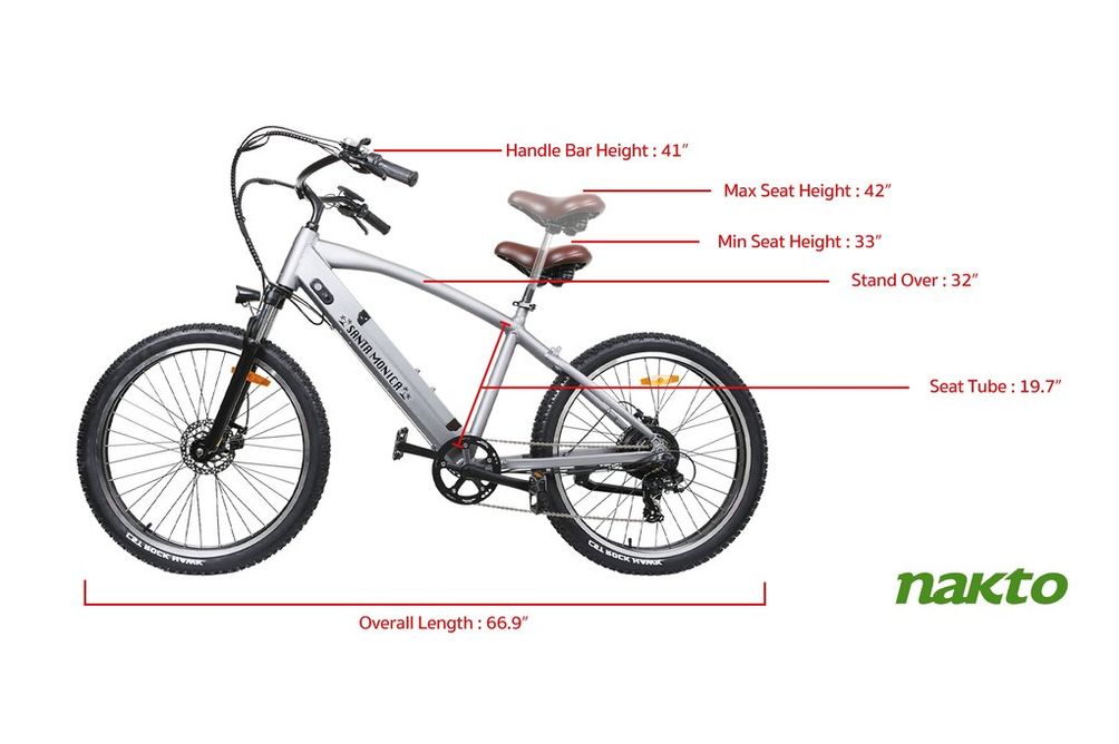 NAKTO 26 inch Santa Monica 500W Electric Bicycle - Dimensions