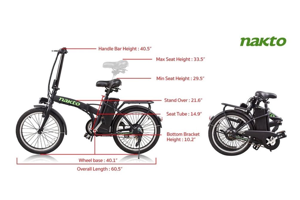 NAKTO 20 Inch Fashion Black Folding Electric Bicycle - Dimensions