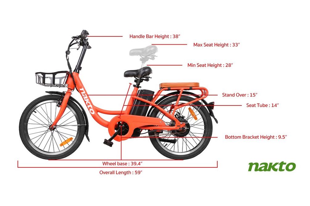 NAKTO 20 Inch Pony Orange City Cargo Electric Bike - Dimensions