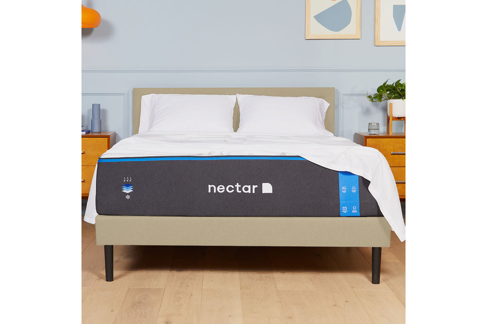 Nectar Queen Upholstered Platform Bed in Linen - Sample Room View