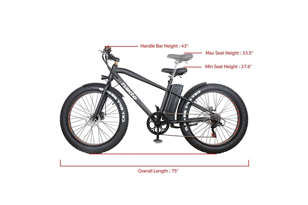 NAKTO 26 Inch Black Cruiser Fat Tire Electric Bike - Specs