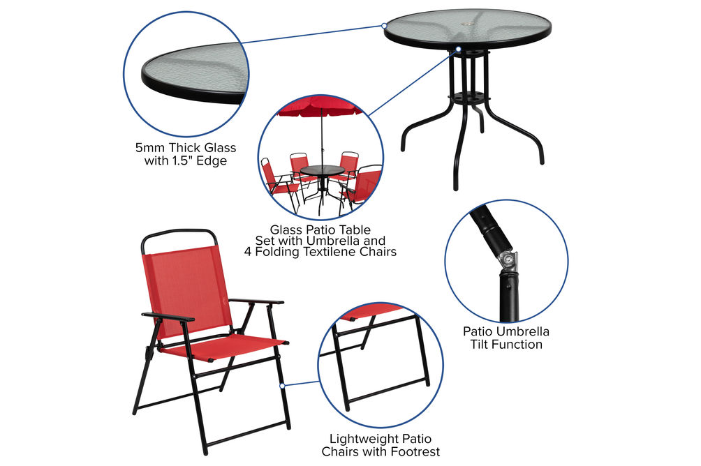 OSC Designs Nantucket 6-Piece Red Patio Garden Set with Umbrella - Features