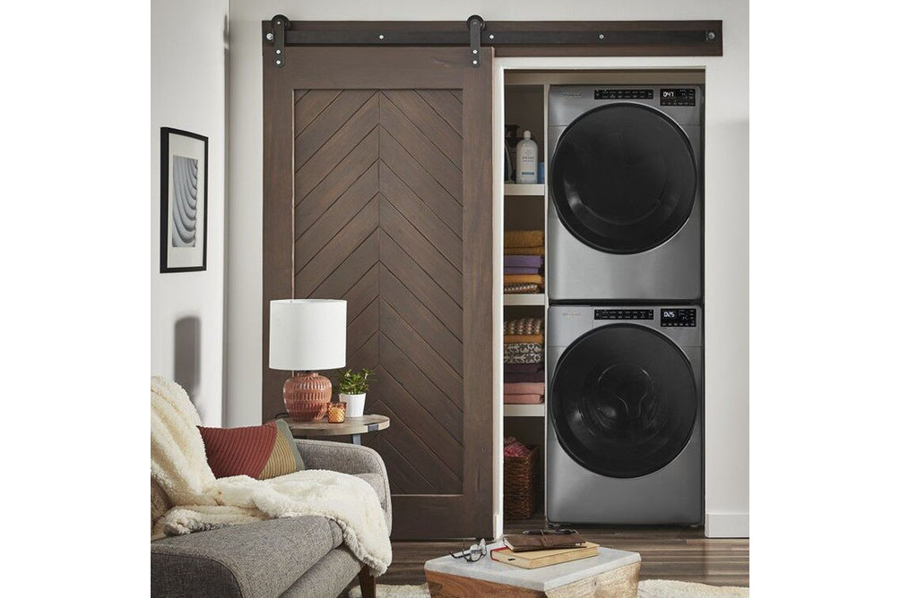 Whirlpool Chrome Shadow 4.5 Cu. Ft. Front Load Washer and 7.4 Cu. Ft. Electric Wrinkle Shield Dryer Pair - Stackable View