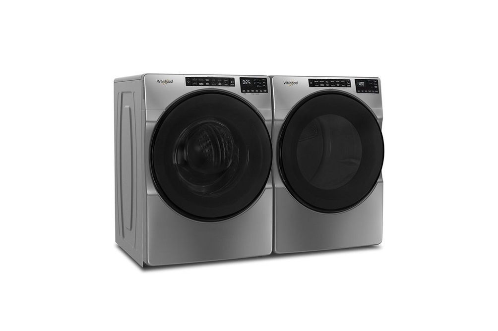 Whirlpool Chrome Shadow 4.5 Cu. Ft. Front Load Washer and 7.4 Cu. Ft. Electric Wrinkle Shield Dryer Pair - Side View