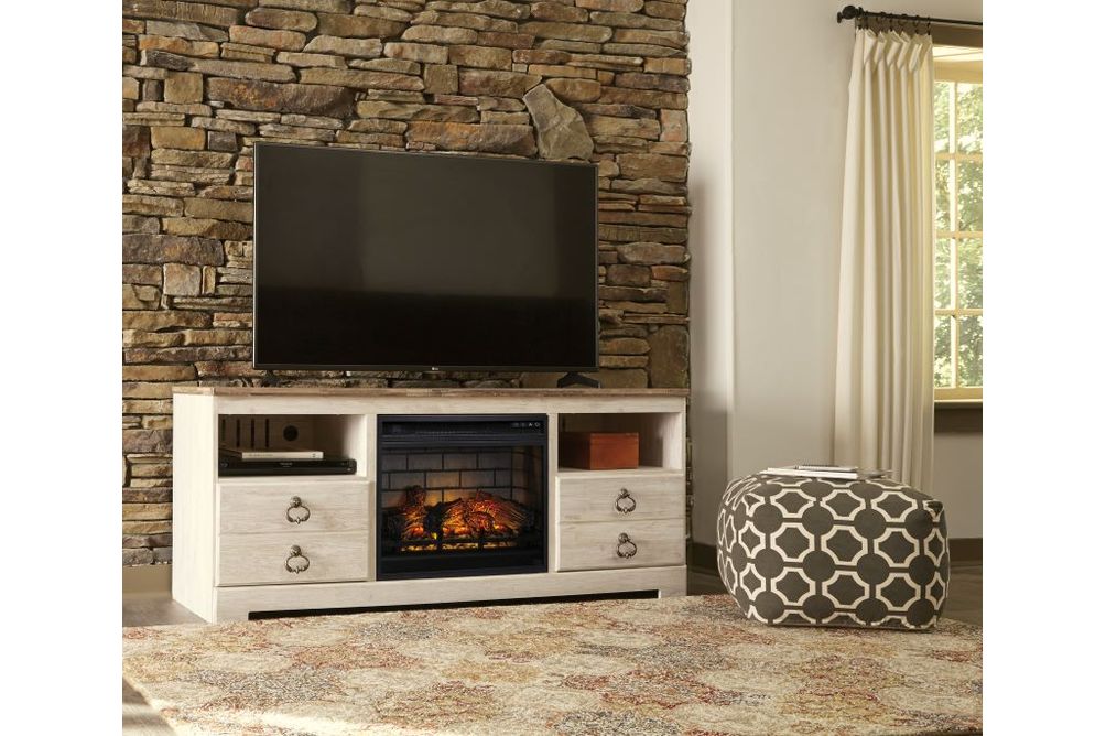 Signature Design by Ashley Willowton 64 Inch TV Stand with Electric Fireplace- Sample Room View