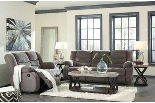 Signature Design by Ashley Vacherie-Gray Manual Reclining Sofa and Loveseat - Sample Room View Signature Design by Ashley Vacherie-Gray Manual Reclining Sofa and Loveseat - Sample Room View