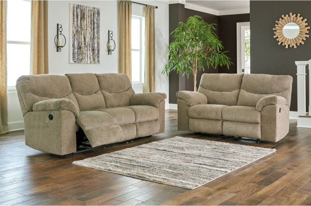 Signature Design by Ashley Alphons Reclining Sofa and Loveseat -Briar- Sample Room View