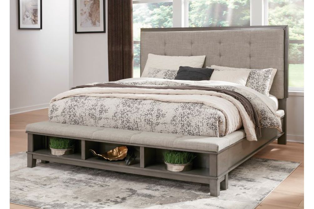 Signature Design by Ashley Hallanden King Upholstered Panel Bed with Storage - Sample Room View