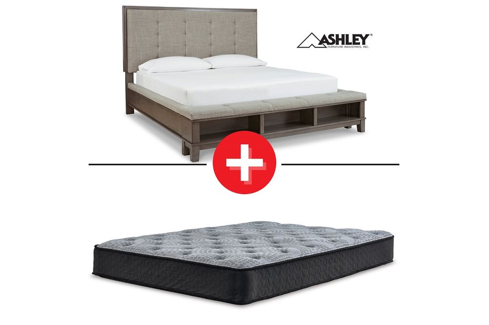 Signature Design by Ashley Hallanden King Upholstered Panel Bed with Storage + King Mattress Comfort Plus 