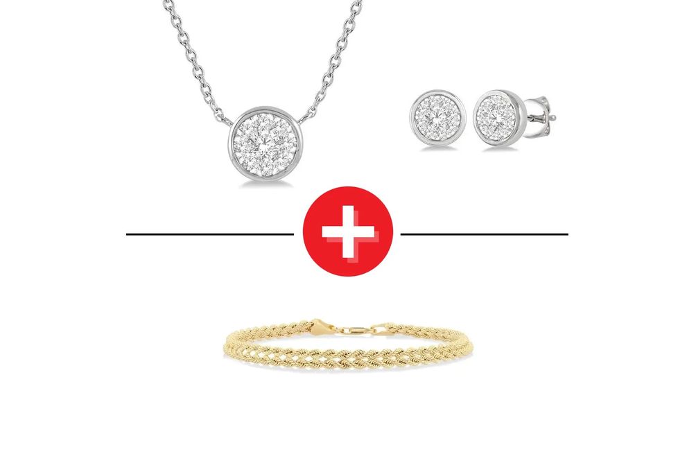 1/2 Ctw 14K White Gold Round Cut Diamond Bezel Earring and Necklace Set + 10K Yellow Gold Bracelet 7.25