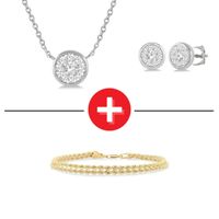 1/2 Ctw 14K White Gold Round Cut Diamond Bezel Earring and Necklace Set + 10K Yellow Gold Bracelet 7.25" Two Rope