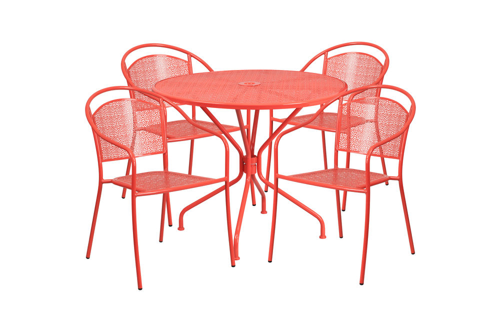 OSC Designs - Round Steel Patio Table with 4 Chairs - Red