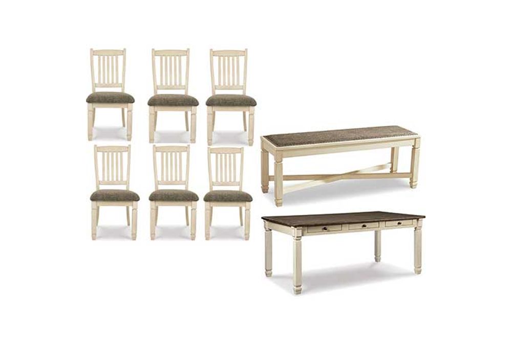 Signature Design by Ashley Bolanburg Dining Table, 6 Chairs, and Bench-Two-ton