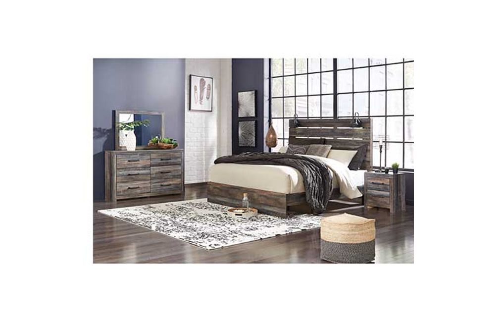 Drystan King Panel Bed with Storage, Dresser, Mirror and Nightstand-Multi