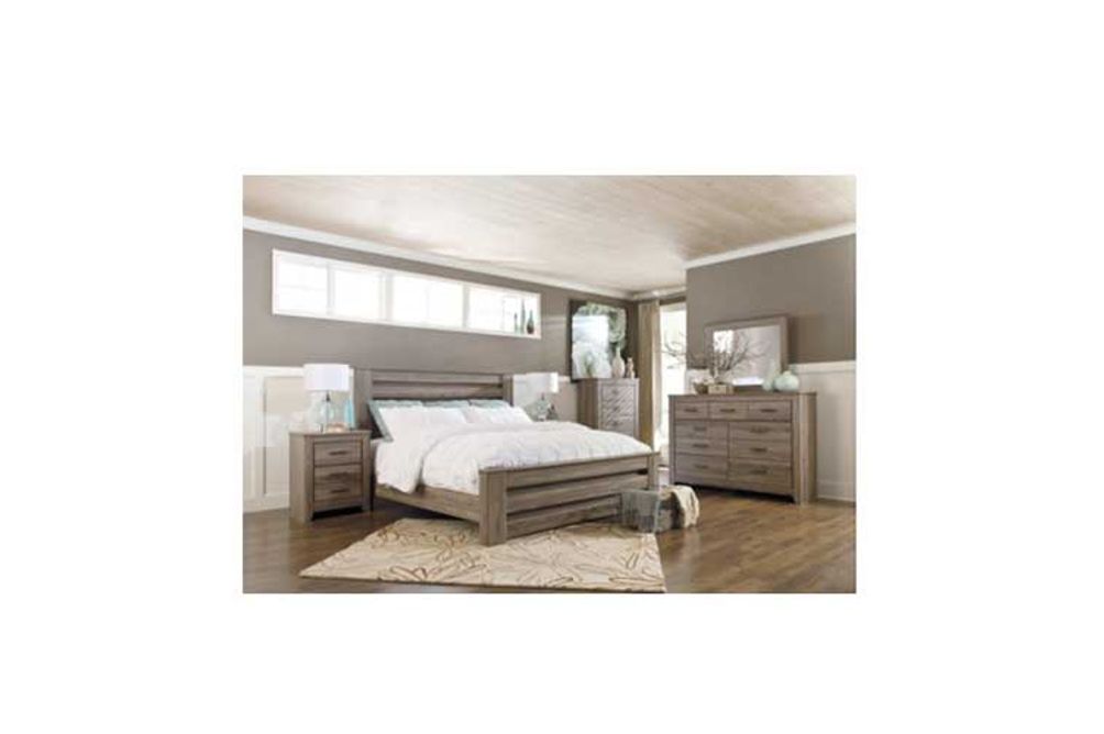 Zelen Queen Panel Bed, Dresser, Mirror and Nightstand-Warm Gray