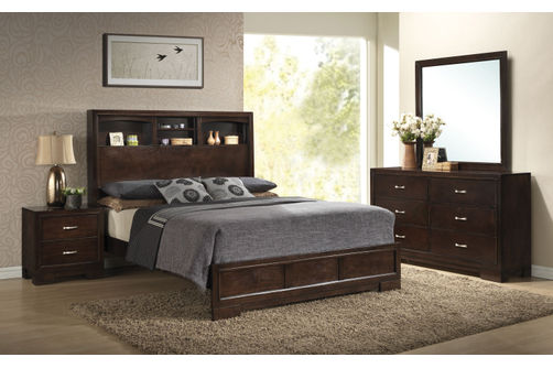 6PC Walnut Bedroom, QN Bed, DR, MR & 1 NS, Brown