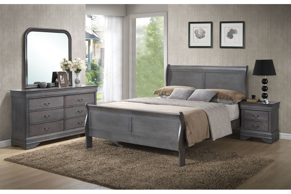 6PC Louis Bedroom, QN Bed, DR, MR & 1 NS, Gray