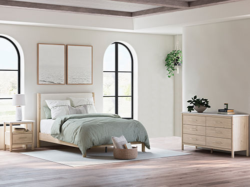 Signature Design by Ashley Cadmori Queen Upholstered Panel Bed, Dresser and Ni