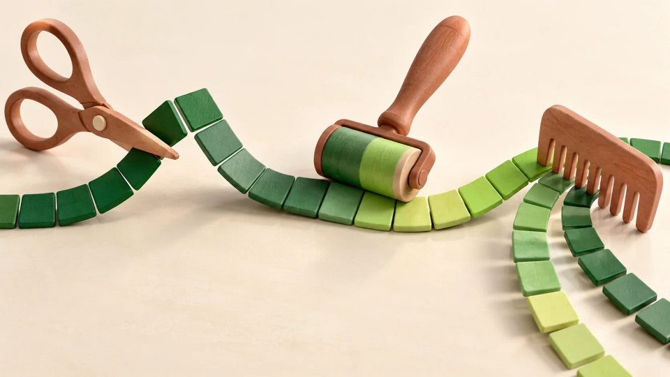 Scissors, a roller and a comb transform a ribbon of tiles, suggesting string operations.