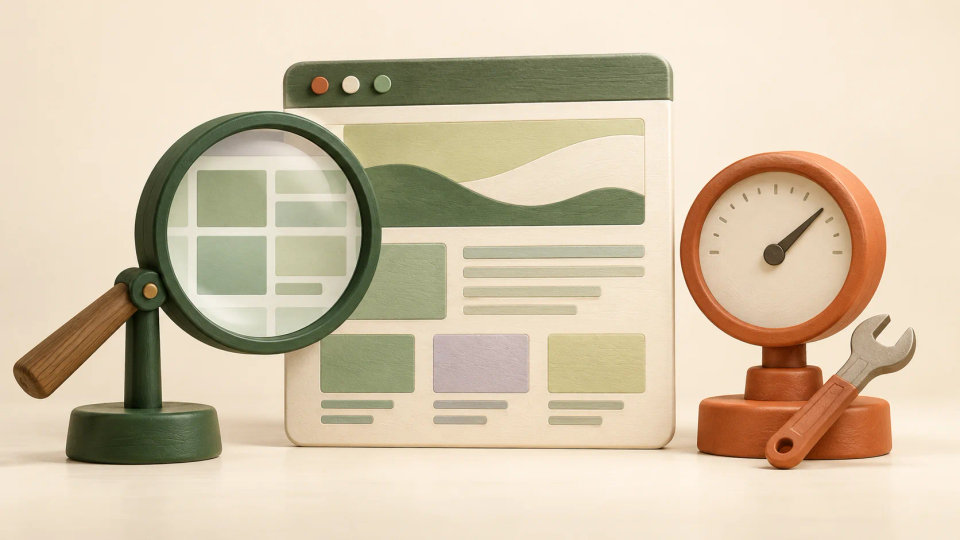A magnifying lens, performance gauge and wrench inspect one abstract browser page.