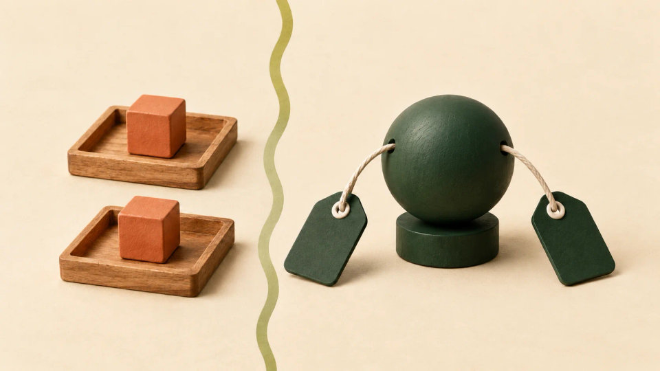 Two separate matching value trays contrast with two tethers connected to one shared object.