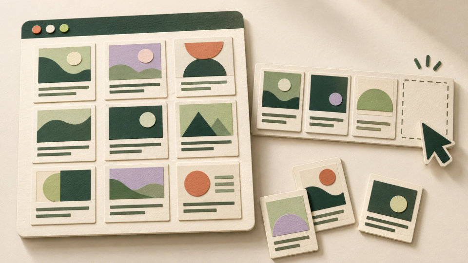 A browser grid and a flexible row of content cards form a layout puzzle with a cursor and an empty slot.
