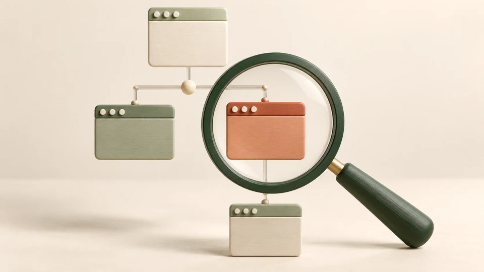 A magnifying glass highlights one selected page tile within a connected hierarchy.