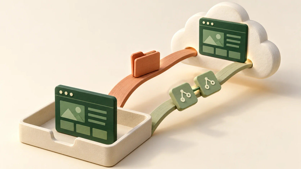 A local page reaches a hosting platform through a folder route and a linked revision route.