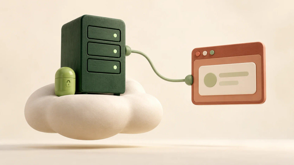 A compact server and configuration capsule connect a cloud platform to a browser page.