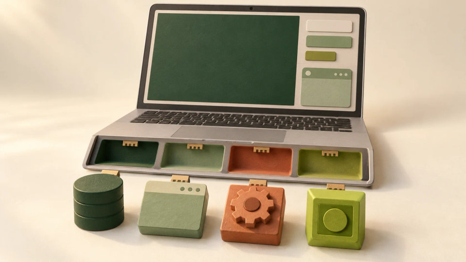A blank laptop and an organized kit of database, page and server modules suggest a full-stack setup.